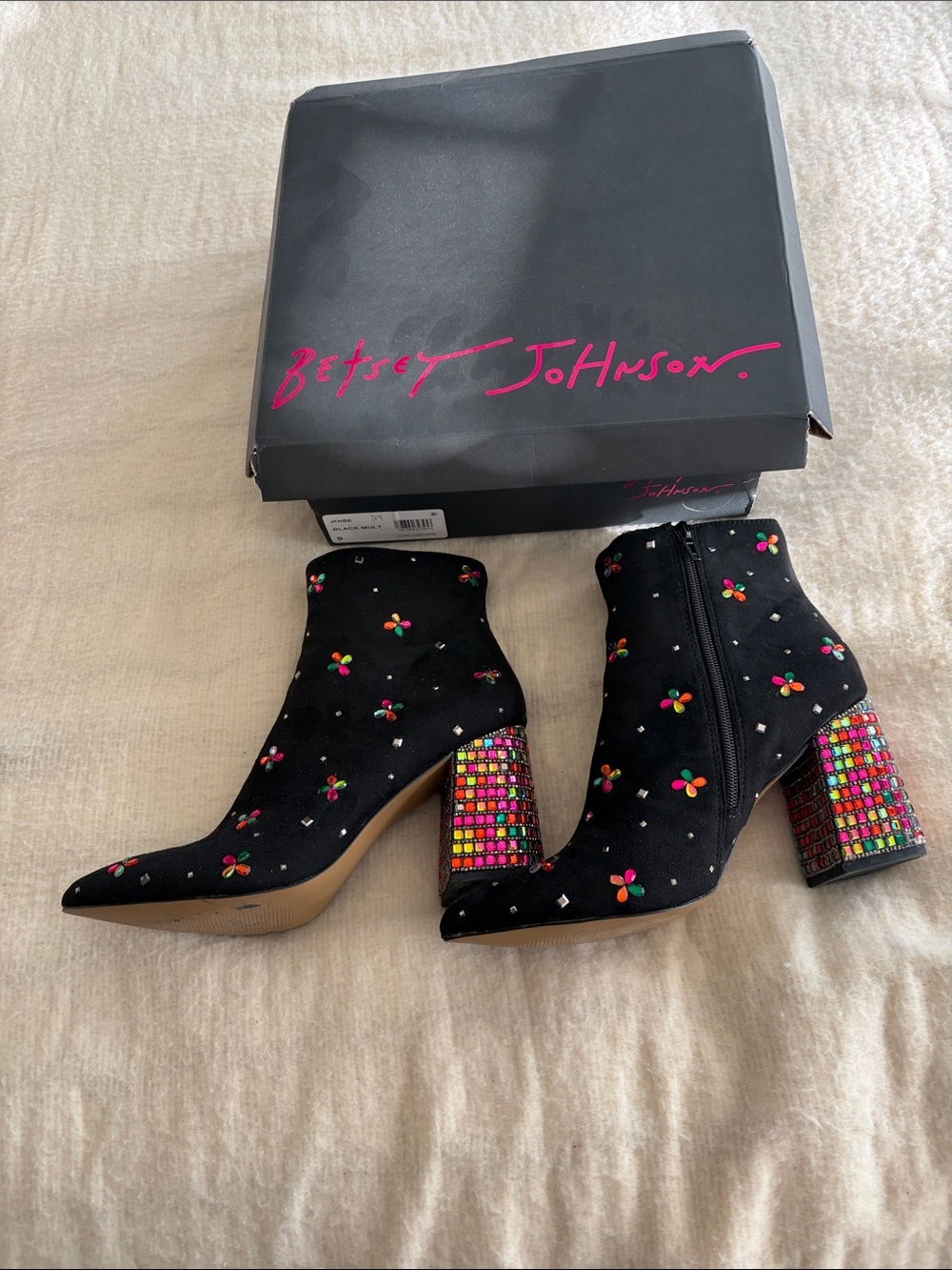 Betsey Johnson Black Ankle Boots with Multicolor Jeweled Block Heels